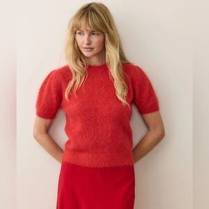 Marine Layer Cherry Red Suri Alpaca Fuzzy Short Puff Sleeve Sweater